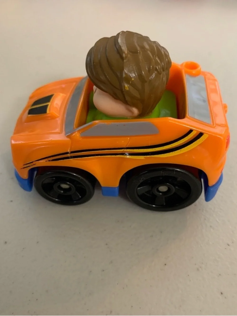 Fisher Price Little People Wheelies Orange Car Brown Hair Boy Driver Green Shirt